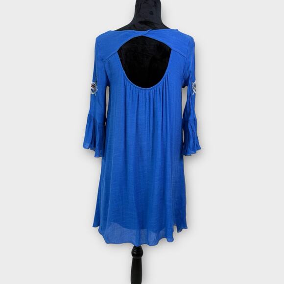 Rebellion Dress Size S Blue Embroidered Back Cut Out Loose Flowy‎ Boho Hippie - Picture 3 of 10